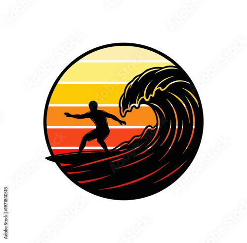 Surfer silhouette on wave sunset illustration