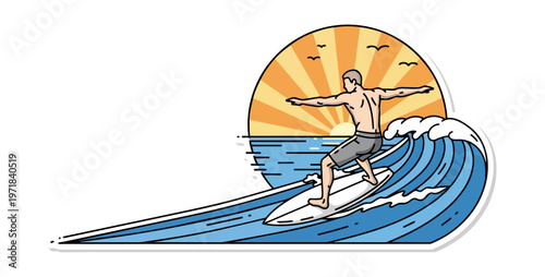 Surfer riding wave under sunset vector illustration