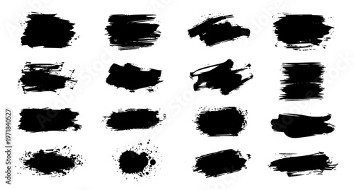 Grunge brush stroke vector set with black ink paint swipes and artistic textured design elements isolated on white background