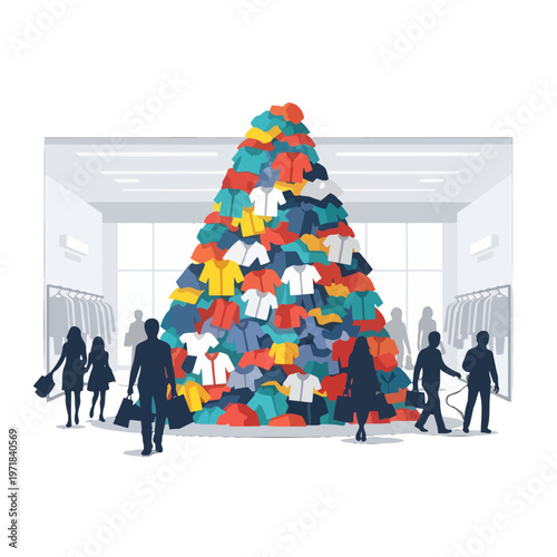 Large pile of colorful clothing in a retail store with shoppers