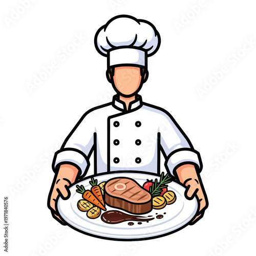 A culinary professional presents a gourmet meal on a white plate