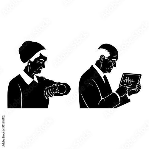 Elderly individuals engaging with modern technology and traditional methods Vector, illustration