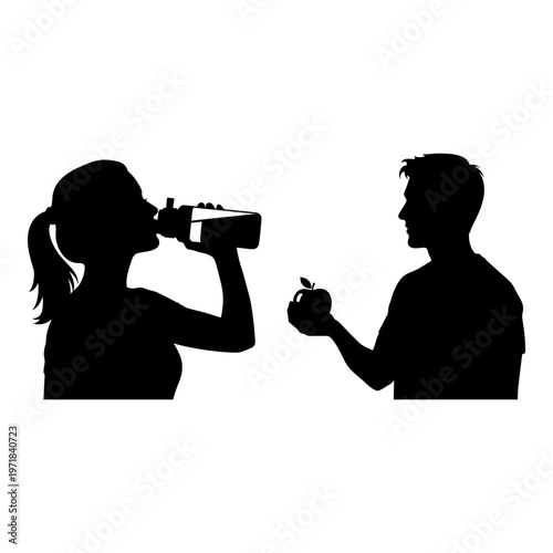 Woman with camera filming man holding an apple in a candid moment Vector, illustration