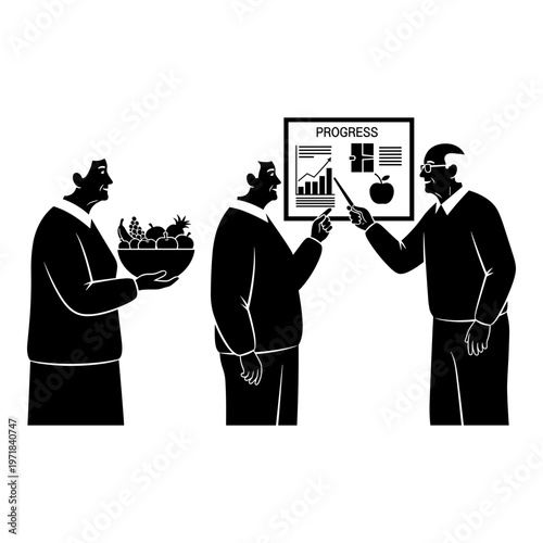 Business partners exchanging progress report and gift basket Vector, illustration