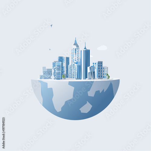 Stylized earth globe with modern city and birds flying
