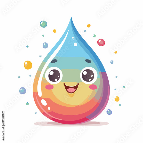 Happy anthropomorphic water drop character with rainbow colors with white background
