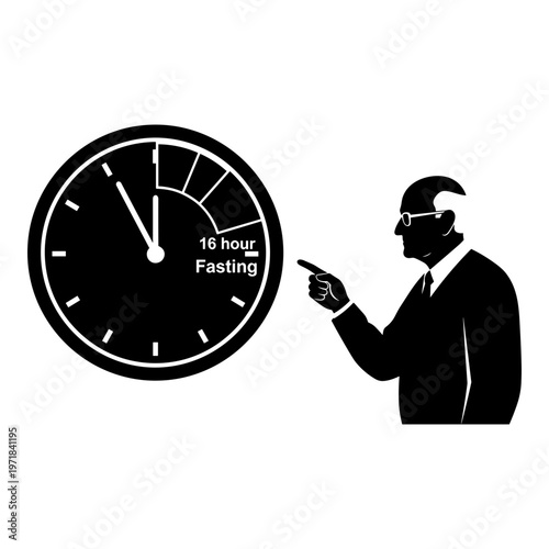 A person pointing at a clock illustrating a 16 hour fasting period Vector, illustration