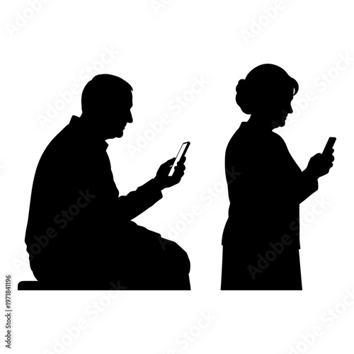 Two individuals engrossed in their smartphones while sitting and standing. Vector, illustration