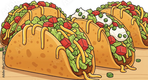 Tacos, Mexican food, vector illustration, colorful tacos, food icons
