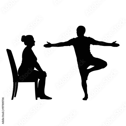 A person seated and another demonstrating a yoga pose with arms outstretched. Vector, illustration
