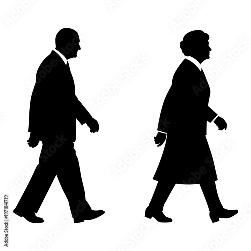 Two silhouettes of formally dressed individuals walking side by side in opposite directions Vector, illustration