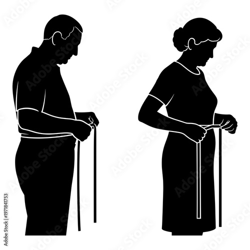 Illustration of a man and woman tying their shoelaces in a bent-over posture Vector, illustration