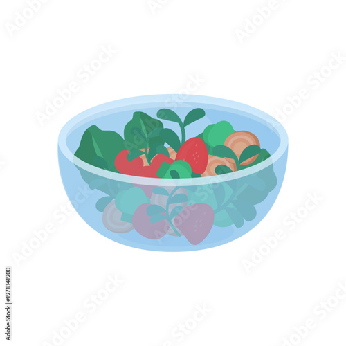 Fresh Vegetable Salad in Glass Bowl with Tomato and Strawberry