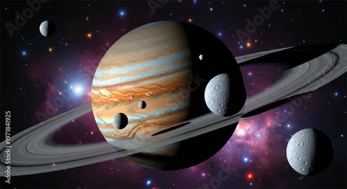 Saturn planet, ring system, moons, space illustration, astronomy graphics