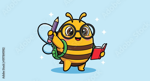 Cute cartoon bee character with glasses holding a pencil and book.