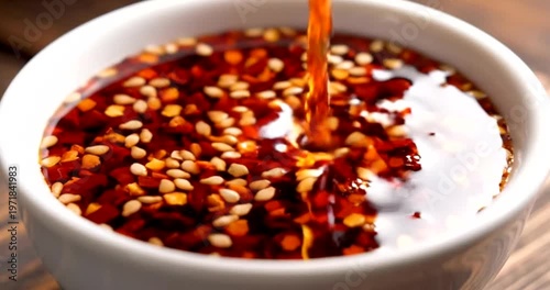 Chili oil with sesame seeds pouring.