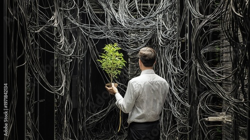 Conceptual shot of a male office worker holding a vibrant green sapling in a dark environment filled with tangled black server cables, representing the harmony between technology and nature.