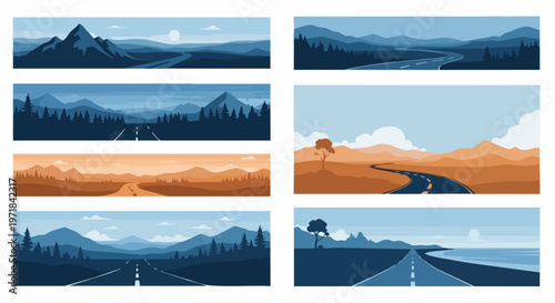 Panoramic landscape illustrations roads mountains and nature scenes