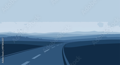 Road leading through blue landscape vector illustration