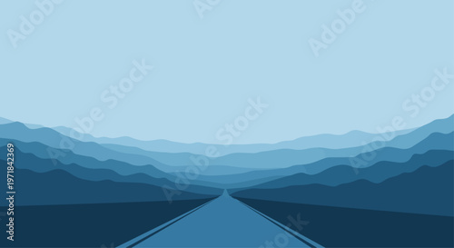 Road leading through blue mountains landscape illustration