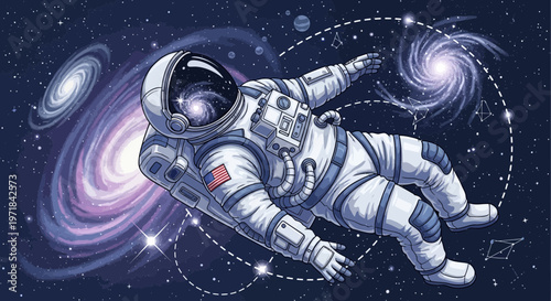 Astronaut floating in space with galaxies and stars illustration