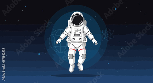 Astronaut floating in space with planet and atomic symbol vector illustration