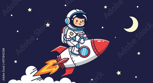 Astronaut child flying on a rocket through space with stars and moon