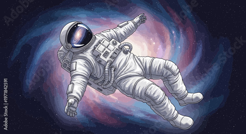 Astronaut floating in space with nebulae in background illustration
