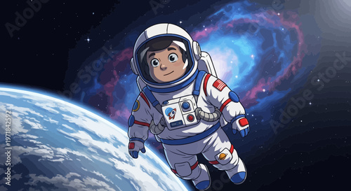 Astronaut floating in space with planet and galaxy in background illustration