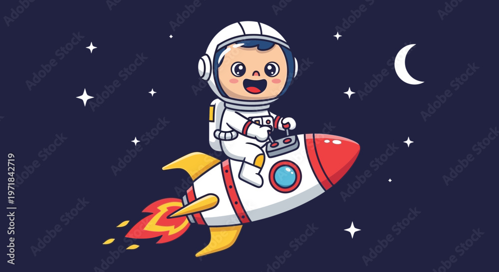 Naklejka premium Astronaut child riding rocket through space with stars and moon
