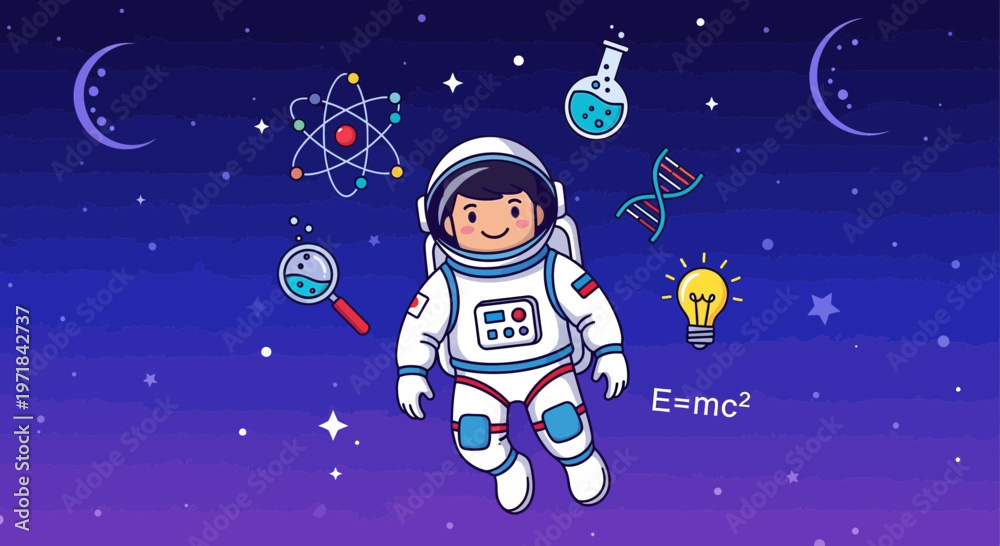 Naklejka premium Astronaut exploring space with science and education elements in a vector design