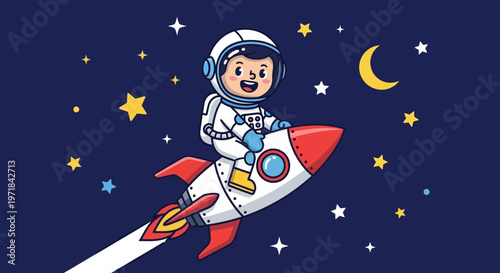 Astronaut child riding rocket ship through space with stars and moon
