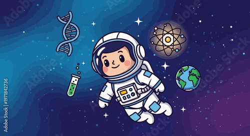 Astronaut exploring science and space with genetic code and atomic structure