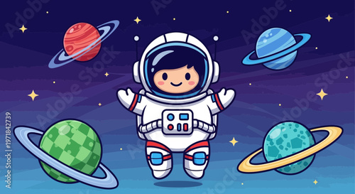 Astronaut floating among planets in space illustration vector