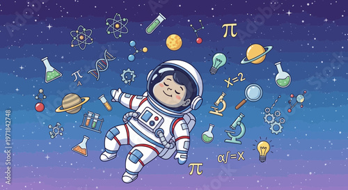 Astronaut floating amongst science and astronomy icons in starry universe