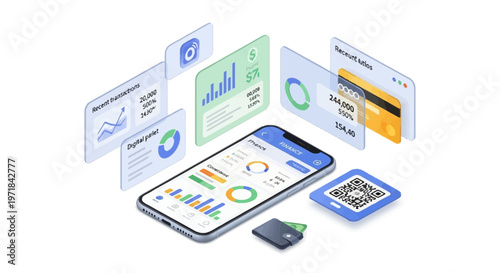 Isometric illustration displays digital banking data on a smartphone screen, with virtual charts and a QR code floating around it, set against a clean white background to convey a modern