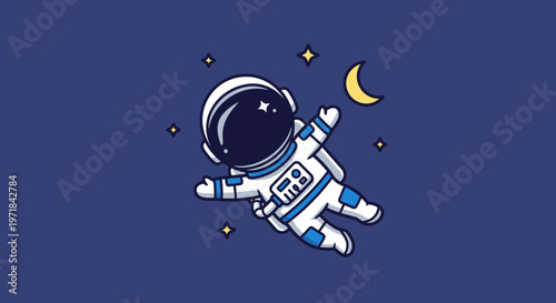 Astronaut floating in space cartoon illustration against dark blue background
