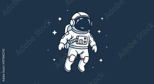 Astronaut floating in space cartoon illustration against dark blue background