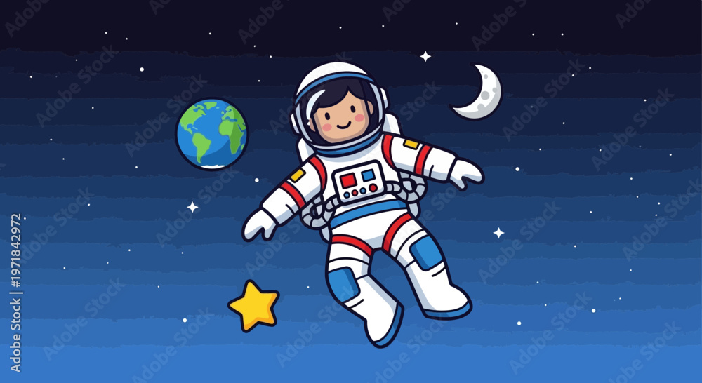 Naklejka premium Astronaut floating in space cartoon illustration with earth moon and stars