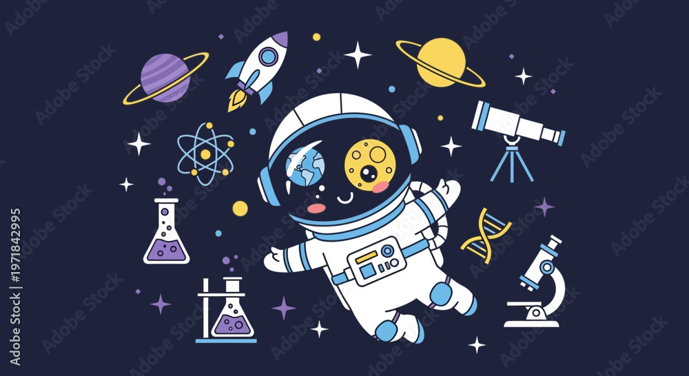 Naklejka premium Astronaut floating in space cartoon illustration with planets and science elements