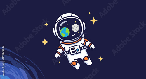 Astronaut floating in space cartoon illustration with earth and moon