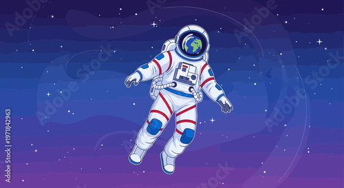 Astronaut floating in space cartoon illustration with earth in helmet