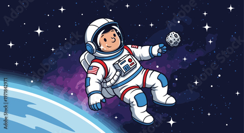 Astronaut floating in space cartoon illustration with planet and stars