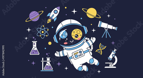 Astronaut floating in space cartoon illustration with planets and science elements