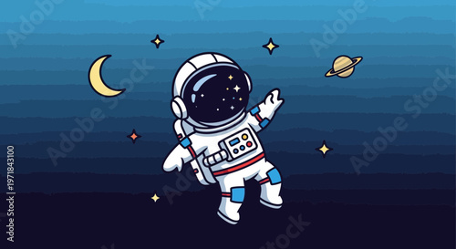 Astronaut floating in space cartoon illustration with stars and planets