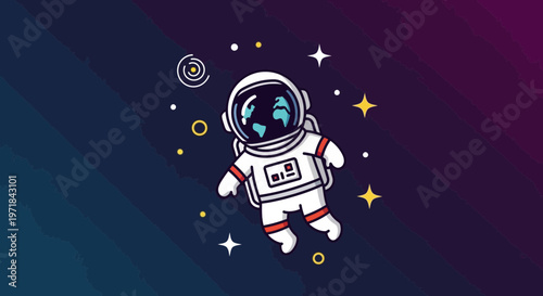 Astronaut floating in space cartoon illustration with stars and planets