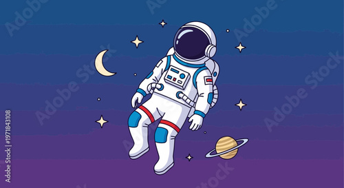 Astronaut floating in space cartoon illustration with stars and planets background