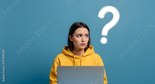Woman's Dilemma: A woman is in a state of confusion, she looks at the laptop screen under the giant question mark. A visual metaphor of choices and uncertainty