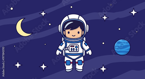Astronaut floating in space cartoon illustration with stars and planets