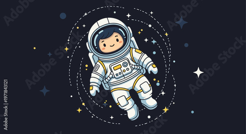 Astronaut floating in space cartoon style illustration on dark background